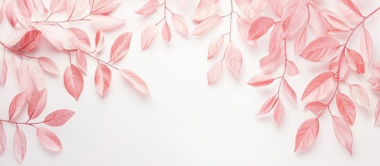 Leinwandbilder - Minimalist white backdrop with soft pink leaves elegantly arranged in the top corners creating a fresh clean aesthetic ideal for nature themes