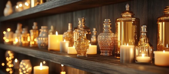 Poster - Elegant wooden shelves adorned with shimmering golden bottles and soft glowing candles create a warm inviting atmosphere in rich amber tones.