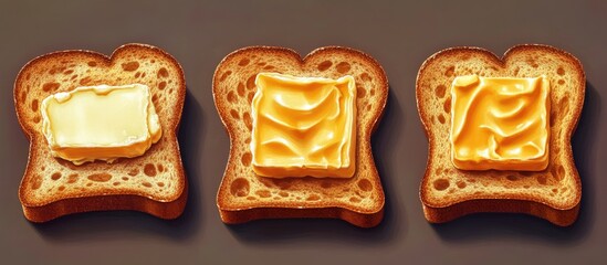 Poster - Toasted bread slices with golden brown edges, topped with creamy butter in varying styles, set against a gradient dark background.