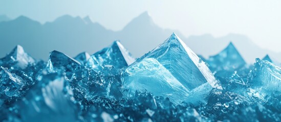 Poster - Ice formations glistening in shades of blue and turquoise atop rugged mountain peaks with a soft backdrop of distant hazy peaks and clear skies