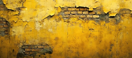 Aufkleber - Textured weathered yellow brick wall adorned with rough aged surfaces and peeling paint at the center capturing a rustic vintage ambiance