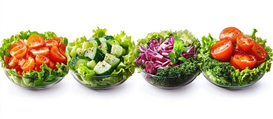 Aufkleber - Four clear glass bowls filled with vibrant salads featuring red tomatoes, cucumbers, purple cabbage, and green lettuce on a white background.