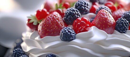 Poster - Delicious cake topped with fresh strawberries blackberries and raspberries resting on rich whipped cream against a soft blurred background