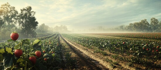 Poster - Lush strawberry fields with vibrant red strawberries in the foreground, green rows of plants stretching into misty farmland under a soft sky.