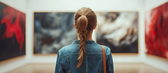 Poster - Young woman in denim jacket observing colorful abstract paintings in art gallery, braided hair, focused on artwork against neutral walls.