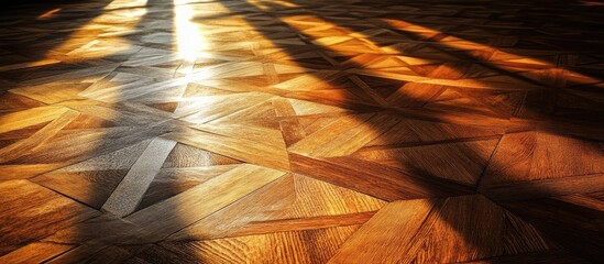 Aufkleber - Geometric wooden floor illuminated by warm sunlight creating intricate patterns and textures with rich browns and soft shadows at an angle