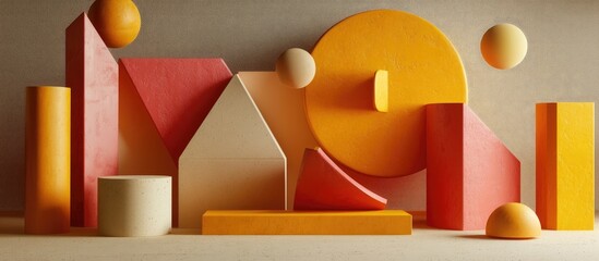Poster - Dynamic composition of geometric shapes in warm shades of orange and yellow, arranged in various directions on a soft beige background.