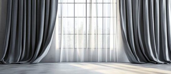 Aufkleber - Spacious interior with large window adorned with flowing gray geometric patterned curtains, natural light filtering through sheer fabric creating an airy atmosphere.