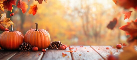 Poster - Autumn-themed wooden table in the foreground showcasing pumpkins and pinecones with a vibrant blurred background of orange and yellow foliage.