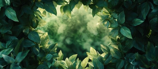Poster - Lush green leaves forming a natural frame with a soft focus background in shades of green, conveying a fresh spring atmosphere.