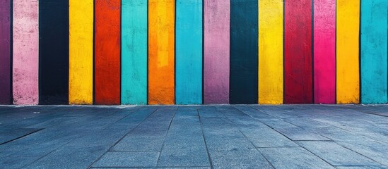 Leinwandbilder - Vibrant vertical stripes in bold shades of pink, blue, yellow, and orange against a textured gray floor creating an eye-catching wall design.