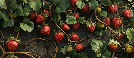 Fototapete - Vibrant strawberry vines with ripe red fruits and unripe green berries, surrounded by lush green foliage against a dark textured background.