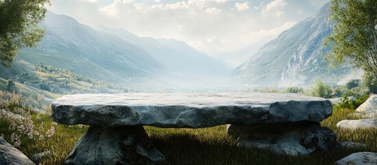 Aufkleber - Serene valley landscape featuring a weathered stone table in the foreground with lush green grass and distant mountains under a dramatic sky