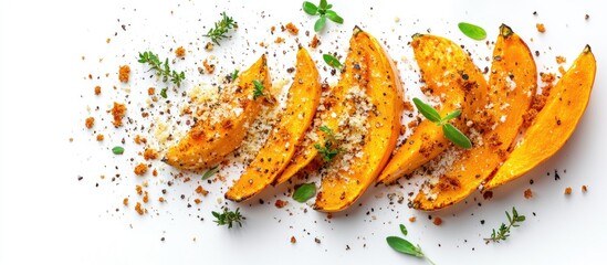 Poster - Roasted pumpkin slices arranged artfully with breadcrumbs and herbs on a clean white background showcasing vibrant orange and earthy tones