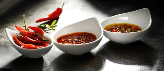 Poster - Spicy chili-infused paprika oil in three white bowls with red chilies and herbs, arranged on a dark background highlighting vibrant flavors