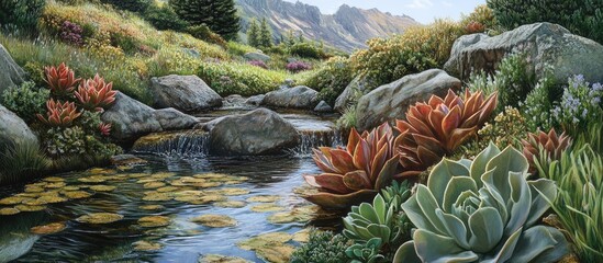 Aufkleber - Vibrant succulent landscape with lush green plants and orange foliage surrounding a clear river reflecting mountains under bright blue sky