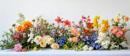Poster - Colorful arrangement of various beautiful flowers including roses, lilies, and daisies on a white background with vivid hues positioned centrally.