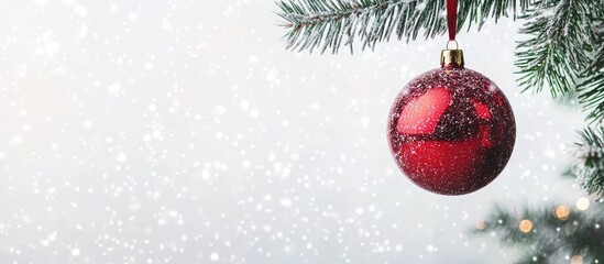 Poster - Single sparkling red Christmas ball hanging from green pine branch with snowflakes on a soft white background with ample copy space on the right