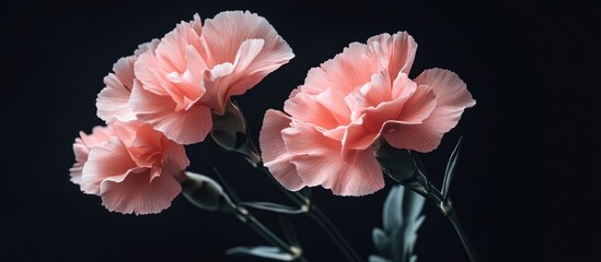 Aufkleber - Delicate soft pink carnation blooms with layered petals against a deep black backdrop emphasizing elegance and beauty through striking contrast