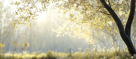 Poster - Sunlit spring forest scene with soft green tree branches and delicate young leaves, golden light filtering through a blurred background.