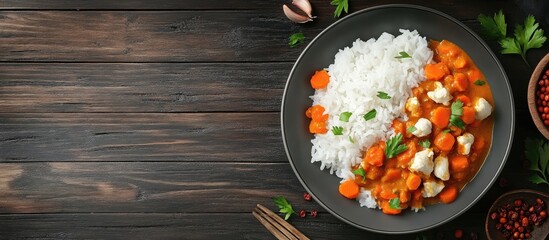 Poster - Delicious curry served in a dark bowl with fluffy white rice and vibrant orange carrots on a rustic wooden table with garnishes.