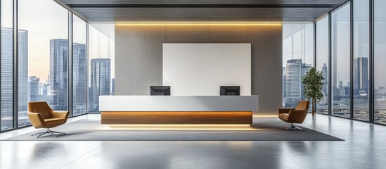 Aufkleber - Modern reception area with sleek white desk and brown accent chairs overlooking city skyline, framed by large glass windows and neutral decor.