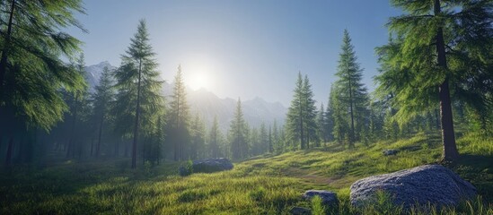 Aufkleber - Sunlit spruce tree forest with lush green grass in the foreground and rocky elements under a bright, warm sun against a blue sky backdrop.