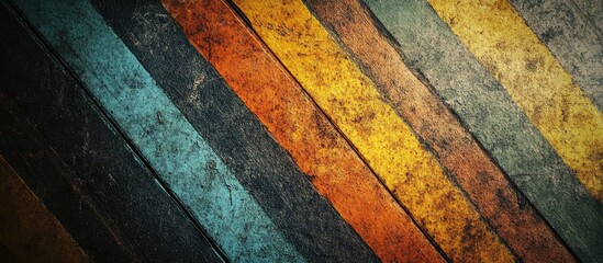 Poster - Grunge style textured surface with dark rusty metal marked by scratches featuring diagonal stripes of orange yellow blue green and gold tones
