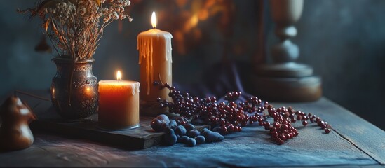 Poster - Serene still life featuring warm candles in amber and beige, surrounded by textured dry flowers and scattered beads on a rustic wooden table.