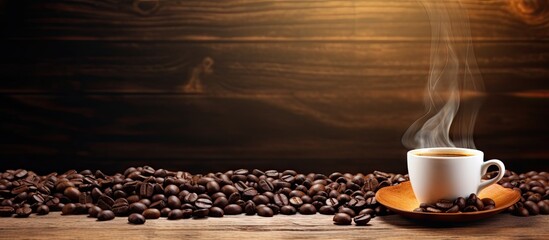Poster - Morning coffee scene featuring a steaming cup of black coffee on an orange saucer surrounded by scattered coffee beans on a warm wooden background.