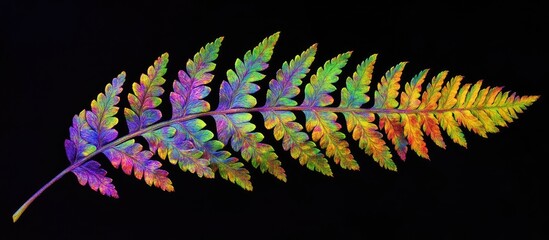 Fototapete - Vibrant multicolored fern leaf on a black background showcasing intricate details and distinct hues in shades of green, purple, and gold.