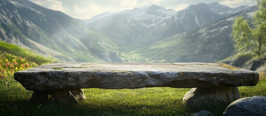 Aufkleber - Serene valley landscape featuring a large flat stone table centered in lush green grass, surrounded by majestic mountains and warm sunlight.
