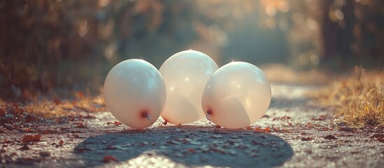 Poster - Glossy white balloons clustered on a soft earth path with blurred autumn foliage in the background, creating a serene and delicate atmosphere.