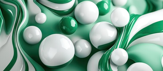 Poster - Abstract green and white fluid shapes with glossy bubbles in varying sizes arranged dynamically across the image for a modern artistic effect.