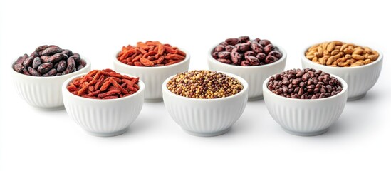 Poster - Assorted superfoods in white bowls featuring cacao beans goji berries quinoa seeds and tiger nuts arranged on a clean white background.