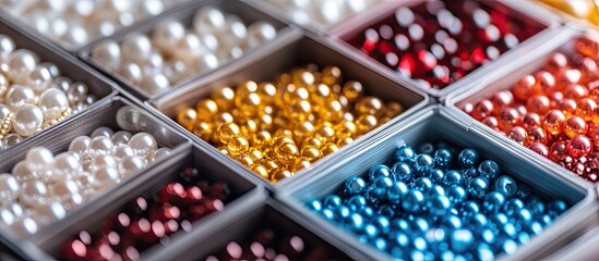 Aufkleber - Colorful arrangement of vibrant beads in various shades of blue, gold, red, and white neatly organized in boxes for DIY jewelry making activity.