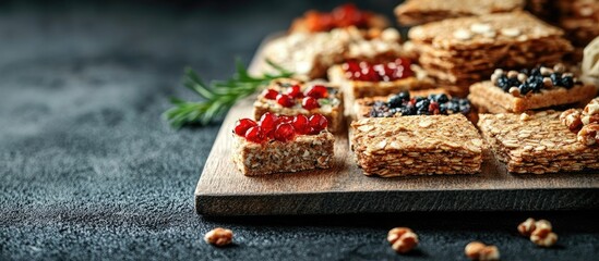 Poster - Rustic wooden board displaying a variety of crunchy rusks and crispbreads topped with colorful fruits and nuts against a dark background.