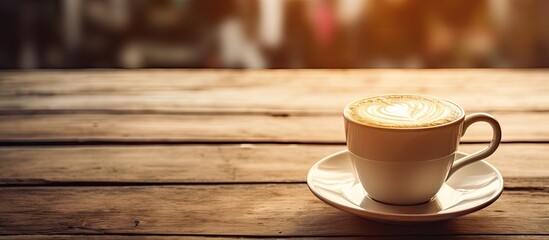 Poster - Vintage latte coffee cup on a wooden table with soft sunlight highlighting the scene, ample negative space for design elements, warm tones.
