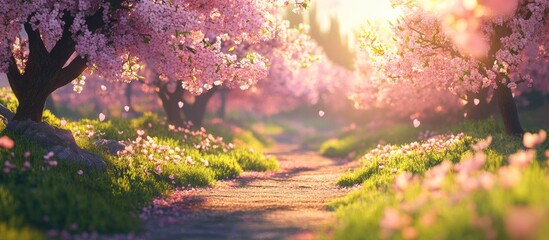 Aufkleber - Blossoming cherry trees line a serene pathway with vibrant pink flowers and glowing sunlight creating a tranquil spring atmosphere.