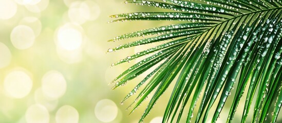 Aufkleber - Palm leaf with water droplets in vivid green positioned right against a softly blurred natural backdrop with light bokeh effect in warm tones