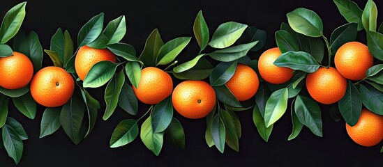 Aufkleber - Vibrant tangerines arranged on a dark background with lush green leaves creating a striking contrast enhancing the freshness and appeal of the fruit