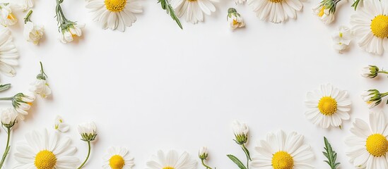 Poster - Floral frame featuring white daisies and small yellow flowers on a light background with greenery accents in a symmetrical arrangement