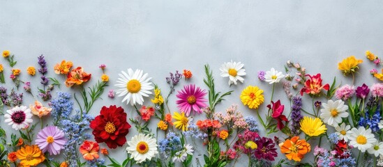 Poster - Colorful flower arrangement featuring vibrant daisies, cosmos, asters, zinnias, and sunflowers on a soft gray background in a flat lay view.