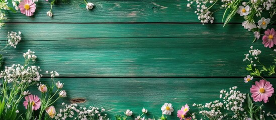 Poster - Spring flowers in pink and white arranged along the edges of a vibrant green wooden background creating a fresh natural frame effect.