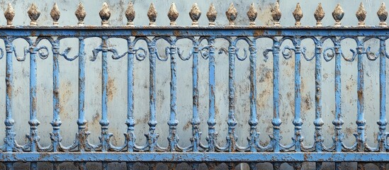 Poster - Weathered blue iron fence with visible cracks and chipped paint against an aged background, showcasing signs of wear and a need for maintenance