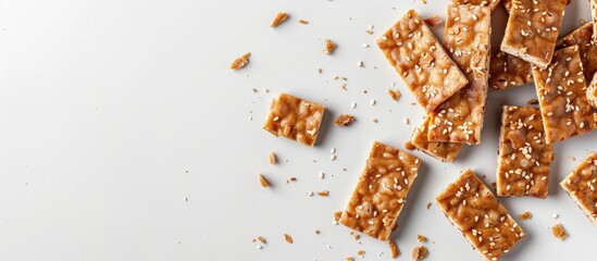 Aufkleber - Tempeh slices scattered on a light gray background with empty white space on the left for text or content placement