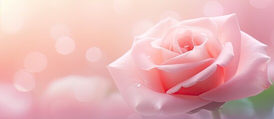 Poster - Delicate soft pink rose in sharp focus against a blurred pastel background with bokeh effect creating a serene nature ambiance