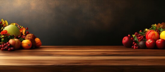 Poster - Wooden table focused in the center with vibrant autumn fruits in warm tones on both sides against a blurred dark background.