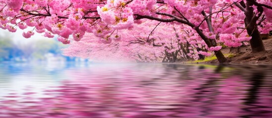 Aufkleber - Serene scene of pink Kawazu cherry blossoms reflected on calm water creating a peaceful ambiance with vibrant colors and soft blue background.