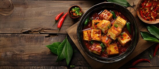 Poster - Delicious spicy tofu dish served in a black bowl with red chili peppers green herbs and vibrant sauces on a rustic wooden table top